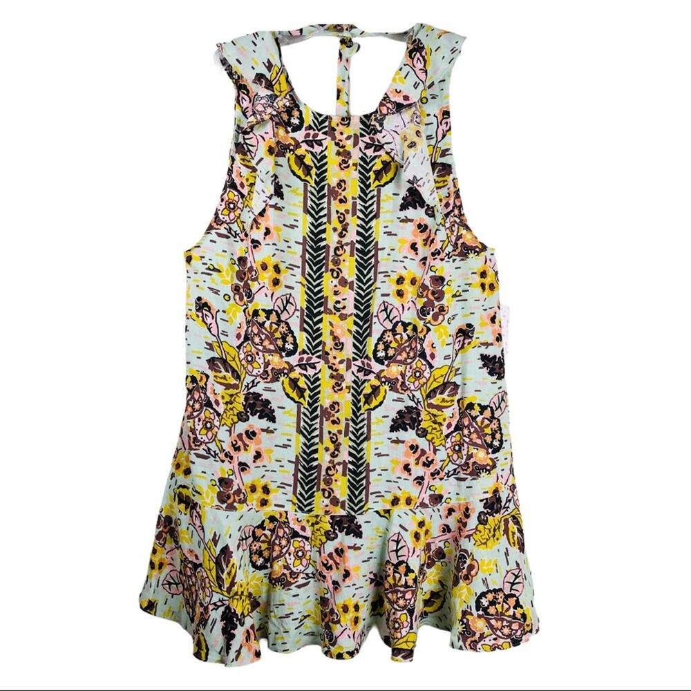 NWT Free People green yellow floral linen ruffle tropical tunic top large